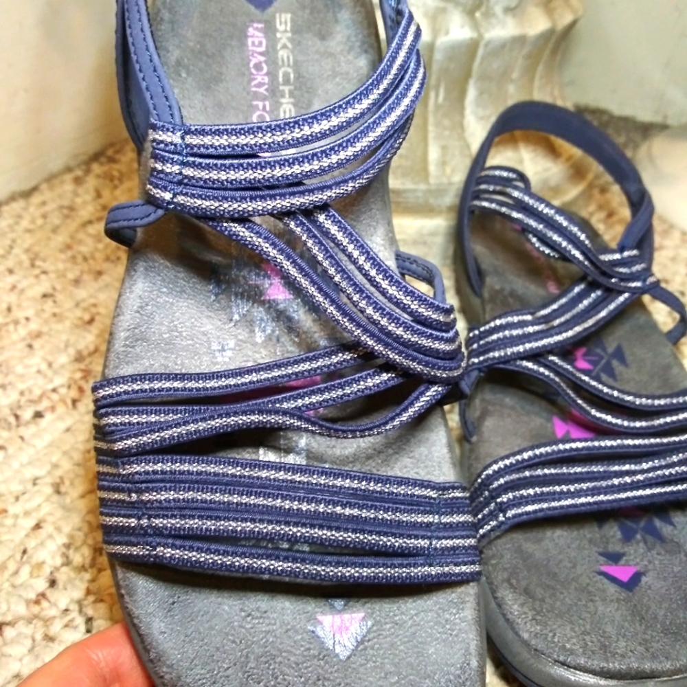 Skechers Reggae Slim "Stretch Slinky" Navy & Silver Washable Memory Foam Sandals - Picture 4 of 9